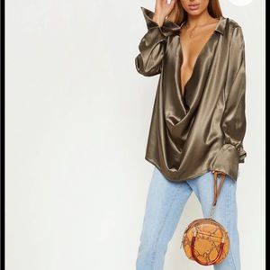 Prettylittlething Khaki Extreme Cowl Longline Satin Shirt